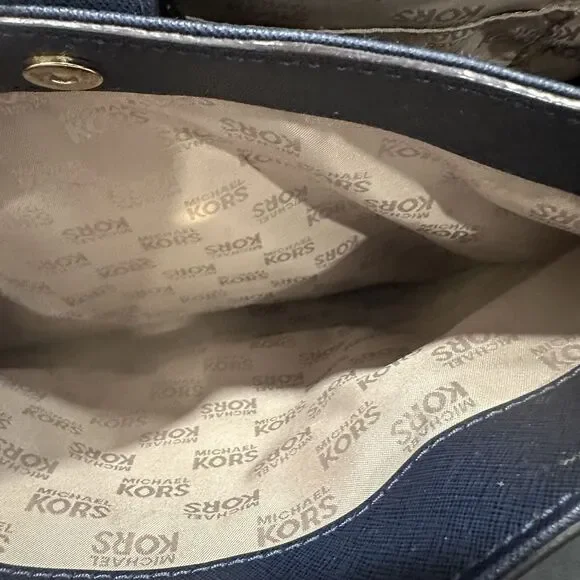 Michael Kors Kellen Medium Satchel Navy Blue Saffiano Leather Gold Hardware - Picture 14 of 15